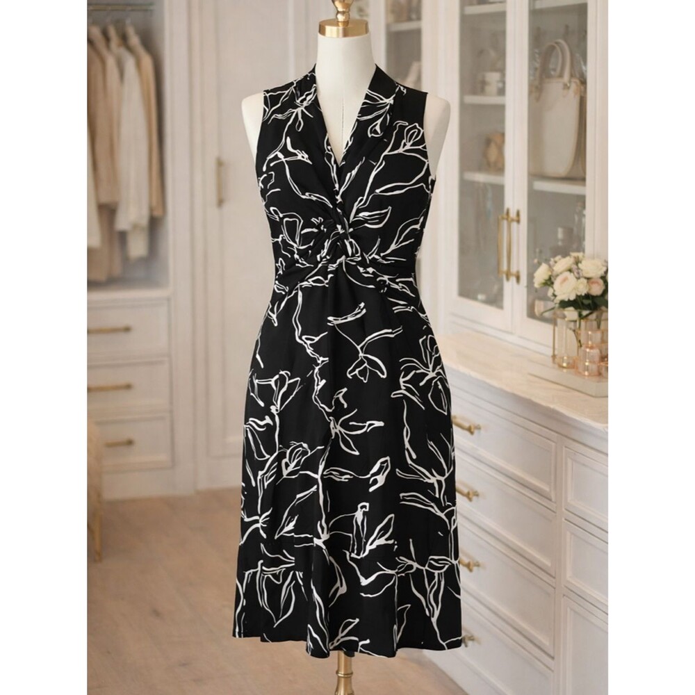 NWT Mimozzas Twist Front Dress S Black White Sleeveless Midi Timeless Classic